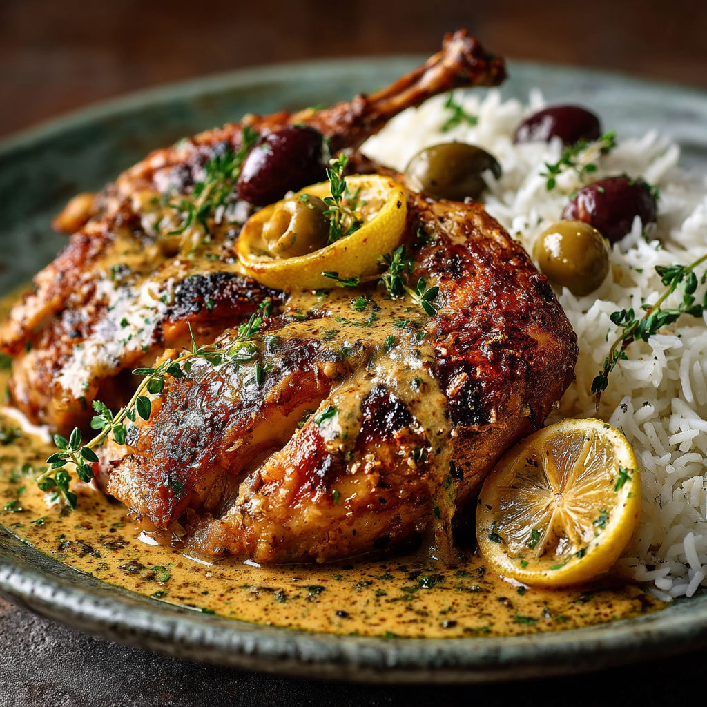A plate of food with rice, chicken, and vegetables.