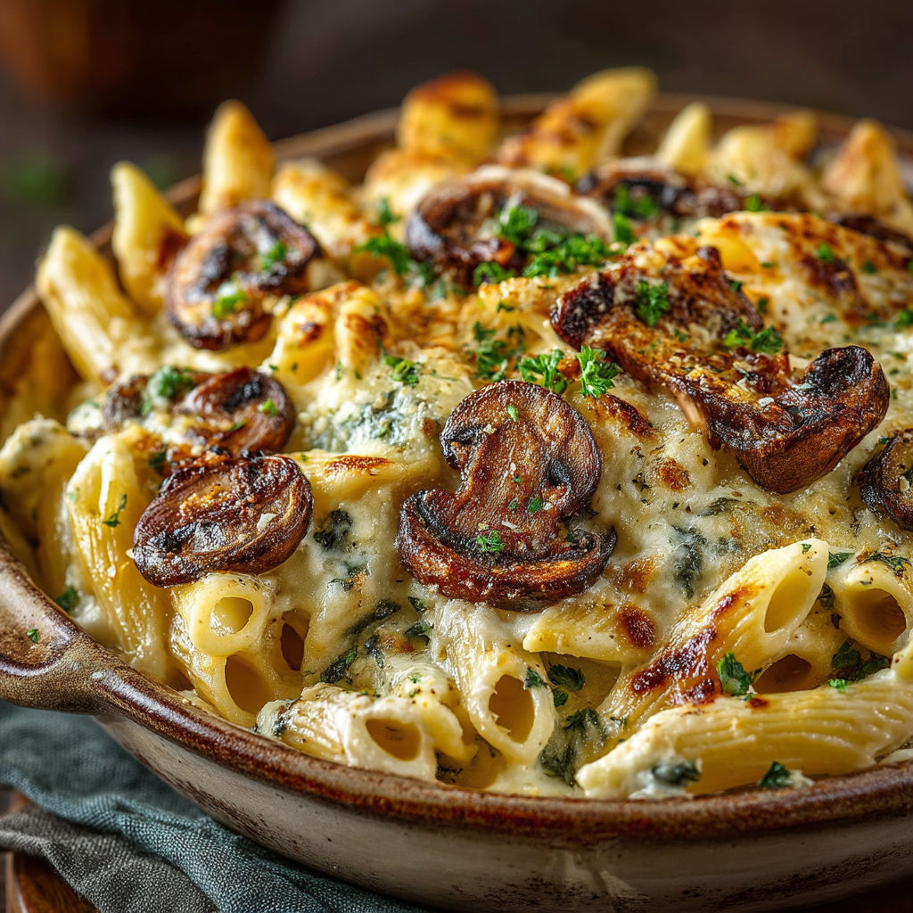 A bowl of pasta with mushrooms and cheese.