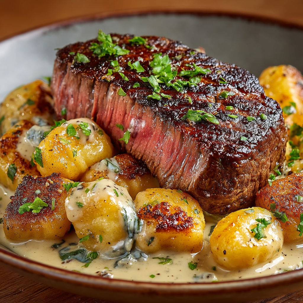 A plate of food with a piece of meat and potatoes.