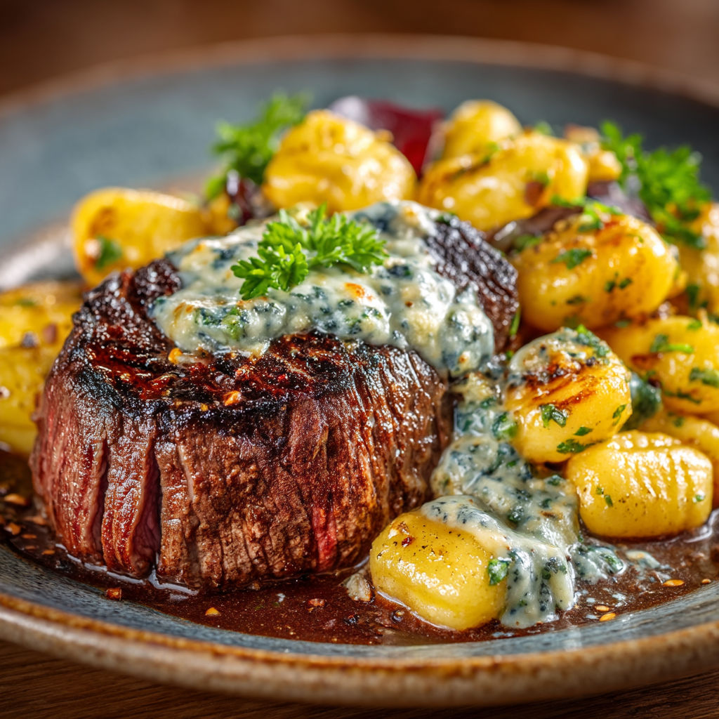 A plate of food with a blue sauce on it.