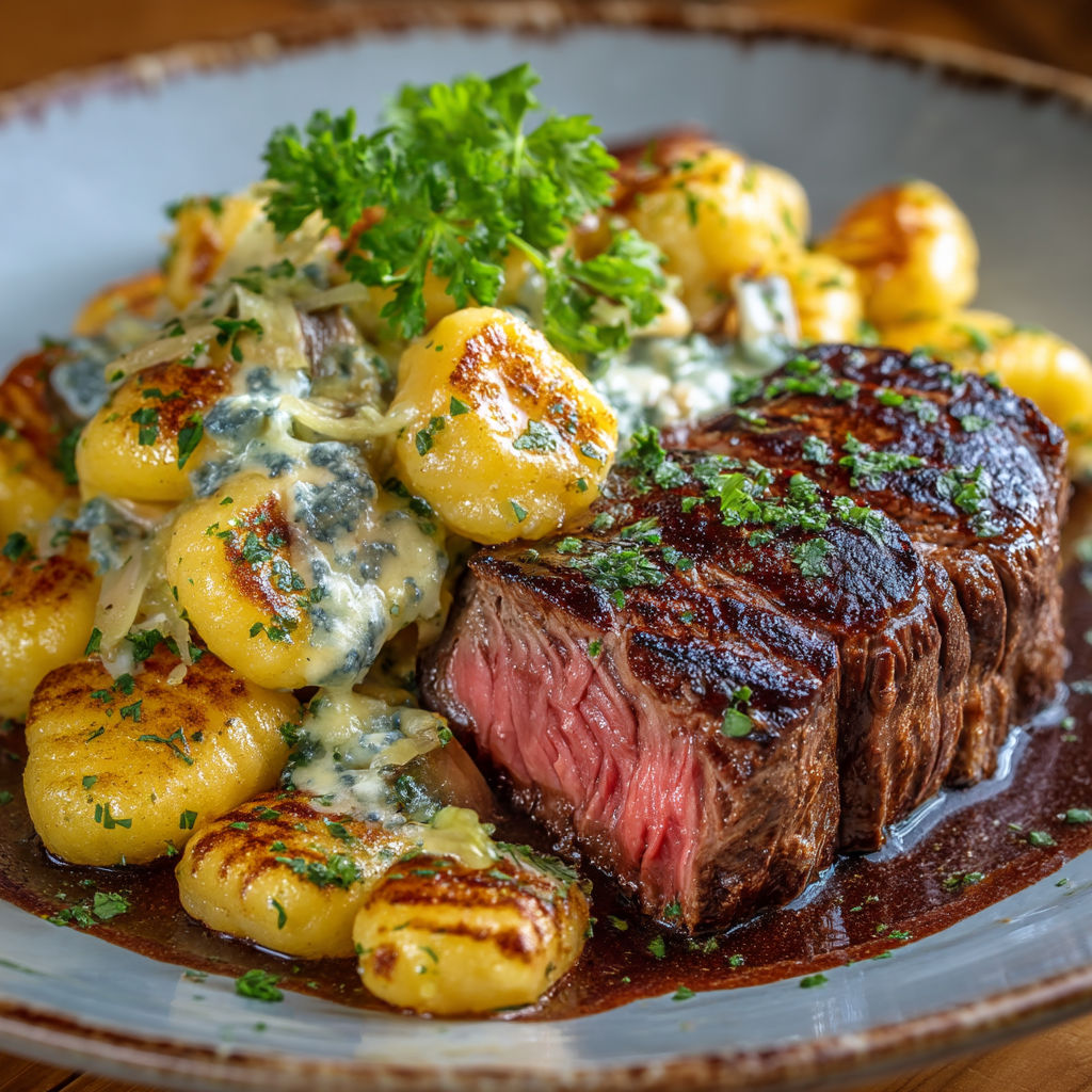 A plate of food with a steak and potatoes.