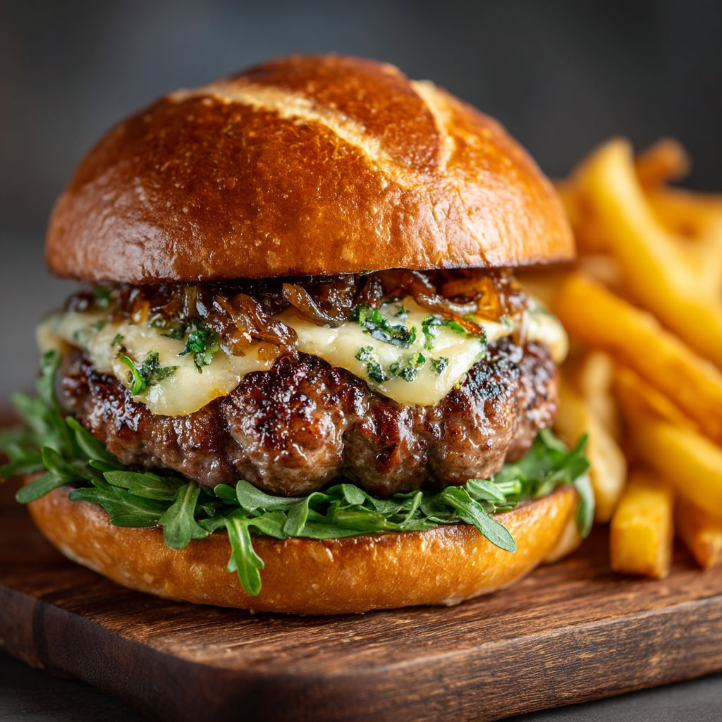 A burger with cheese and onions on a bun.