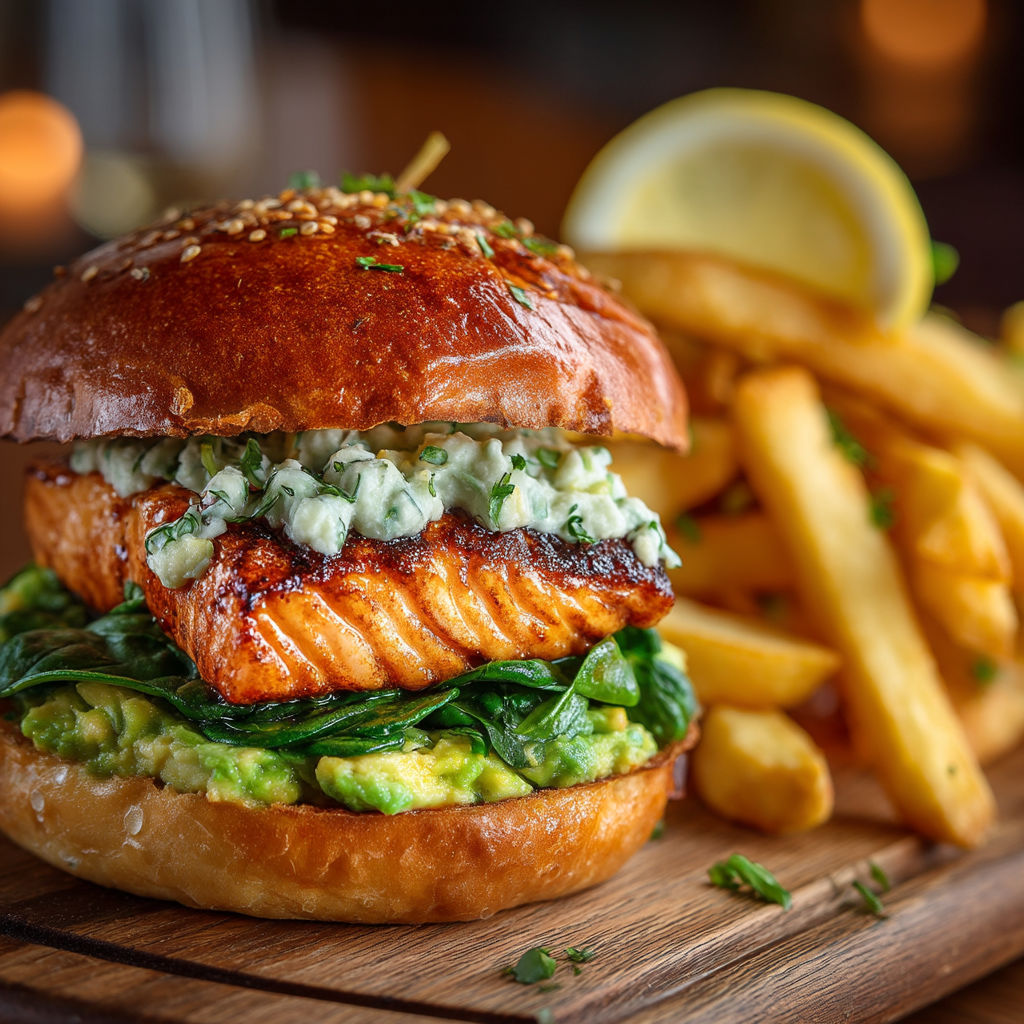 A burger with avocado and salmon on a wooden table.