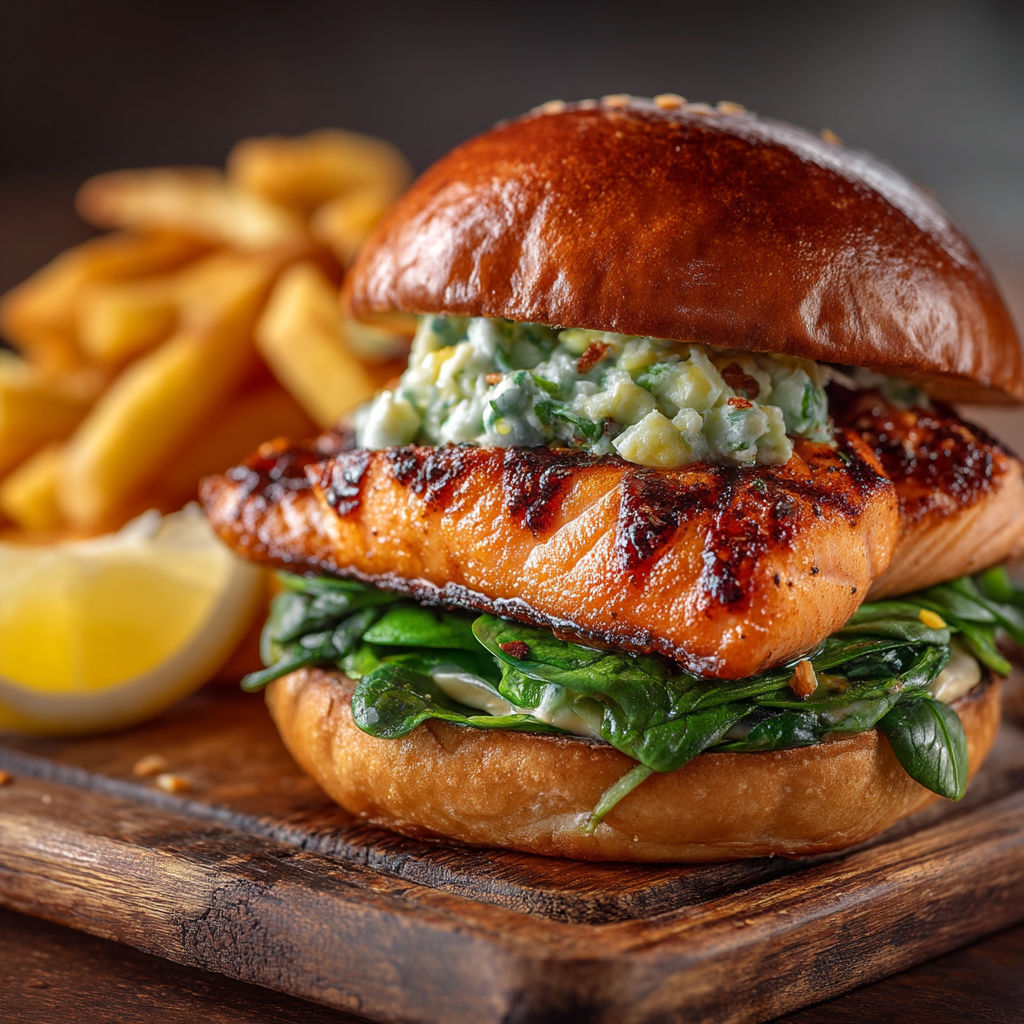 A burger with avocado and salmon on top.