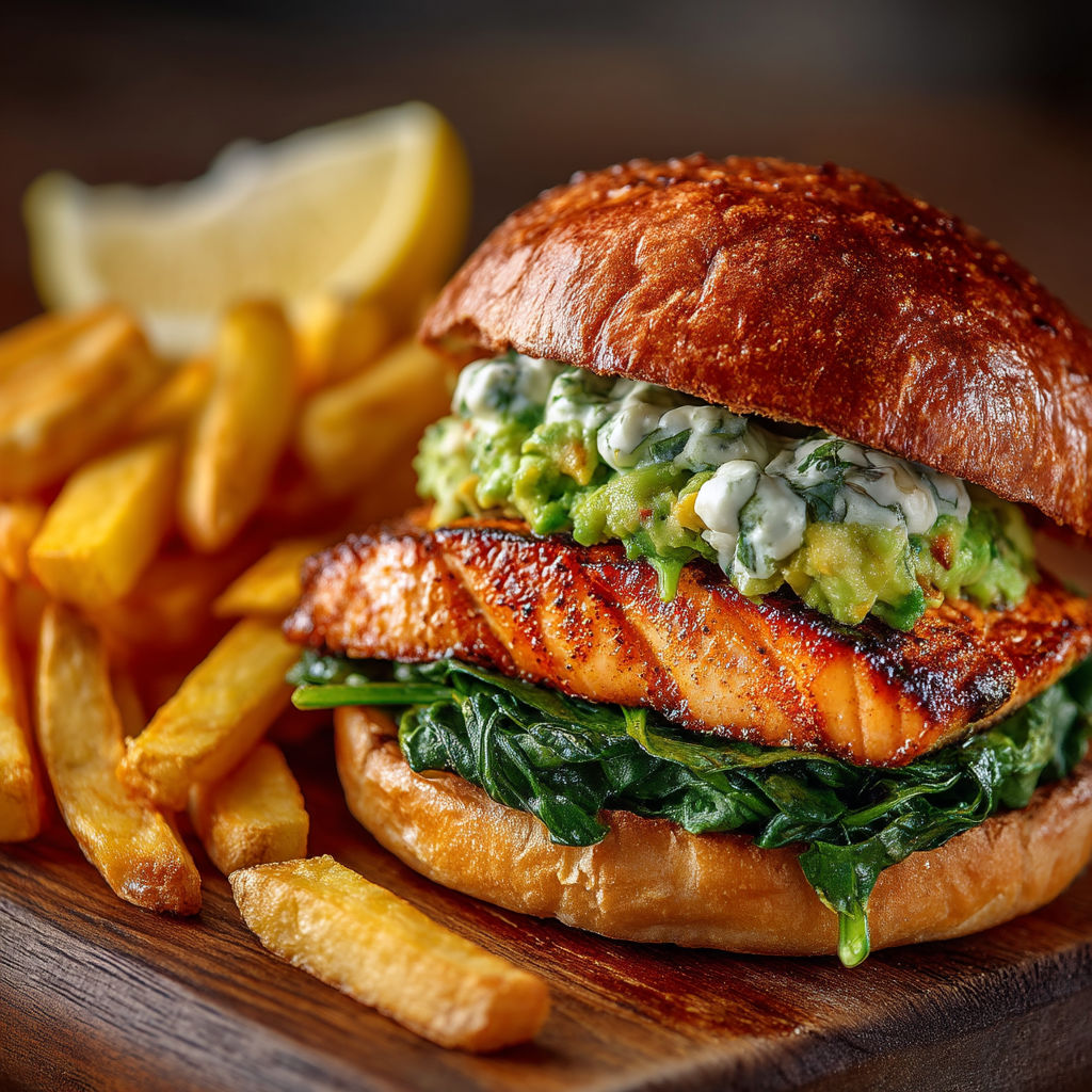 A burger with avocado and salmon on a wooden table.