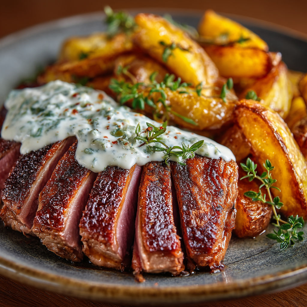 A plate of food with a piece of meat, potatoes and sauce.