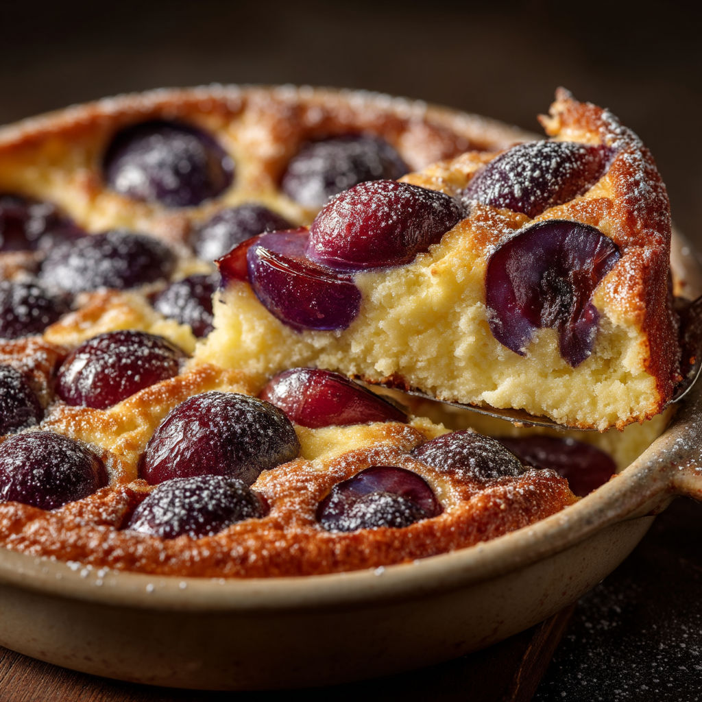A slice of clafoutis with plums.