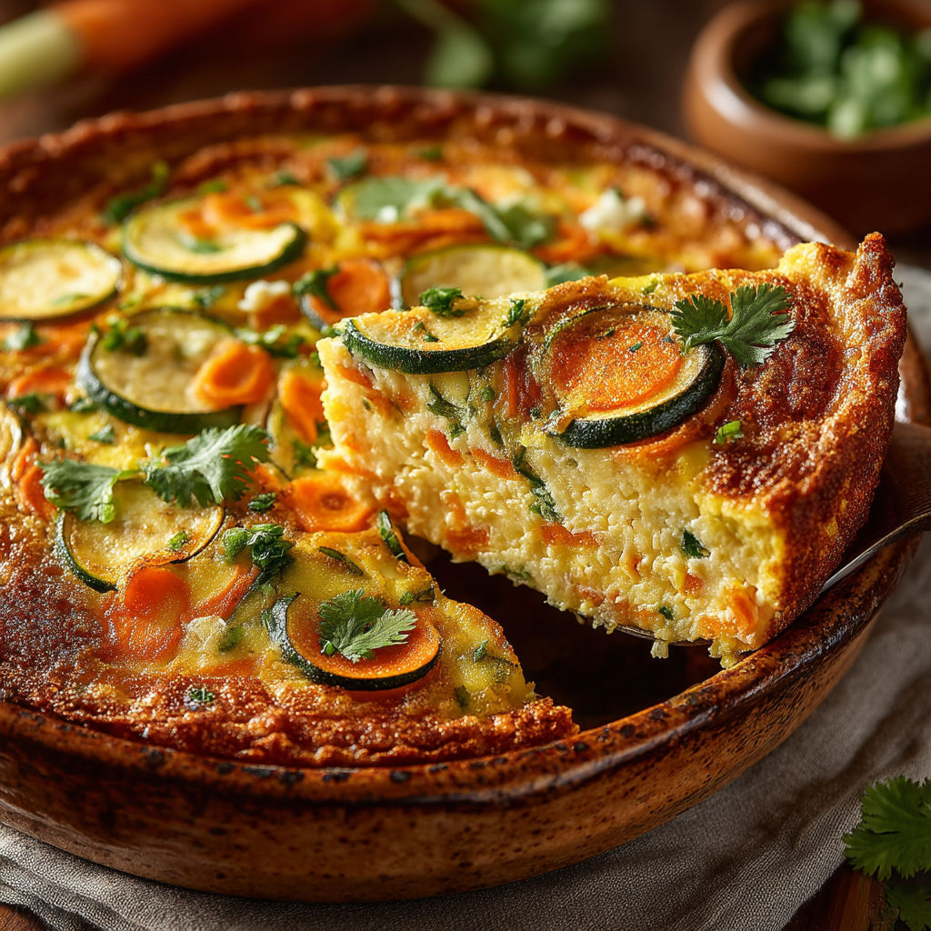 A slice of quiche with vegetables.