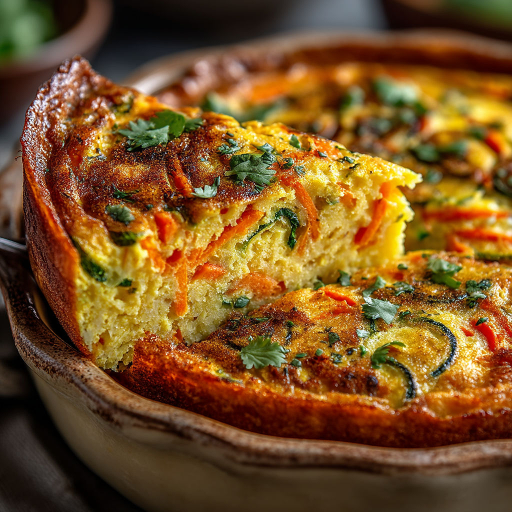 A slice of quiche with carrots and herbs.