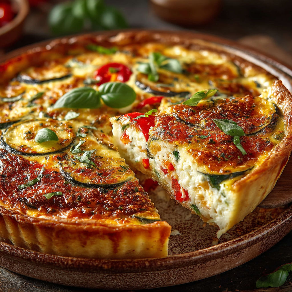 A slice of flan with vegetables.