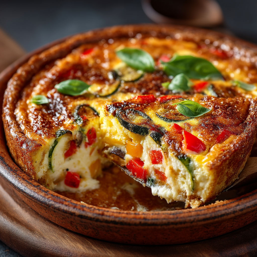 A slice of quiche with a green vegetable on top.