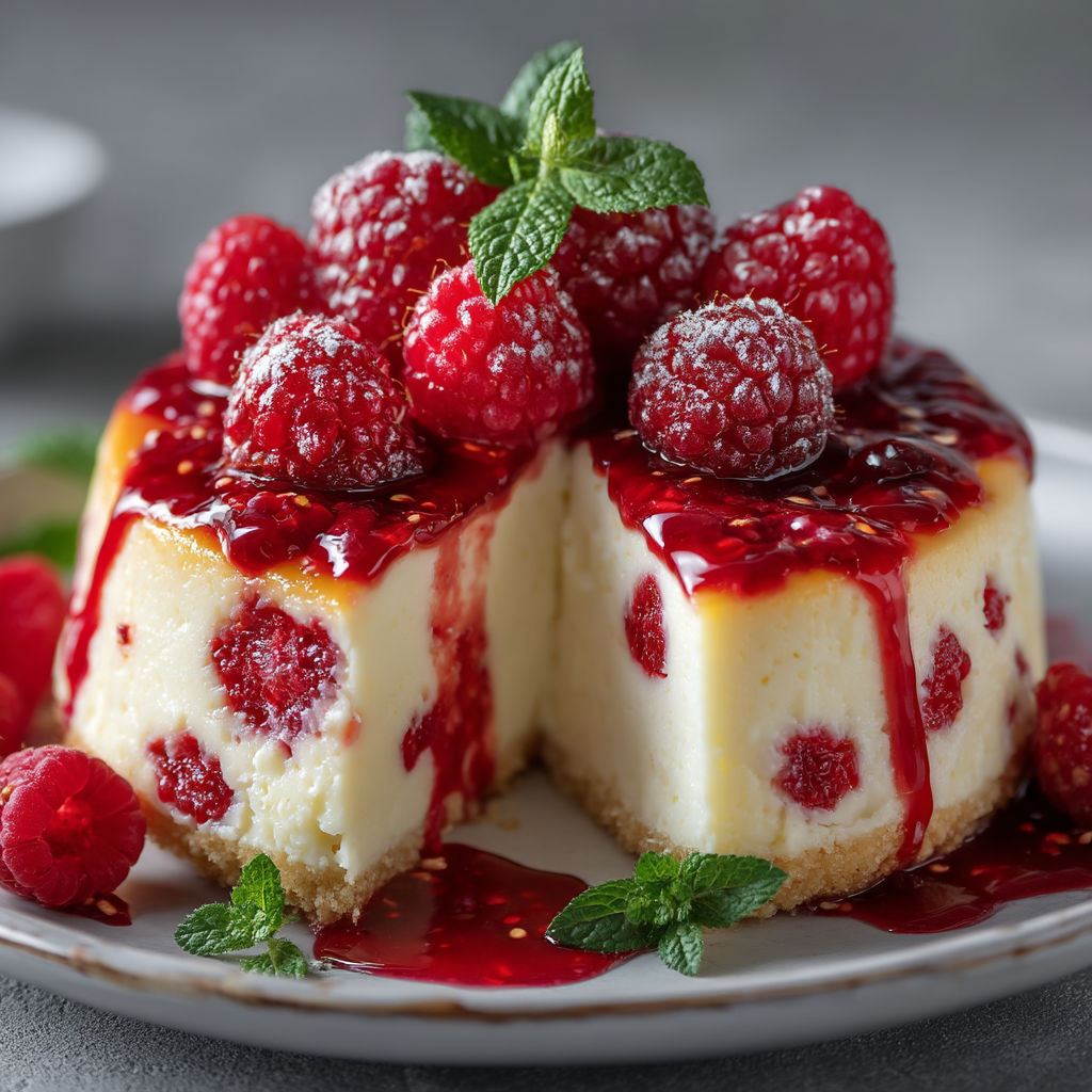 A slice of cheesecake with raspberries on top.
