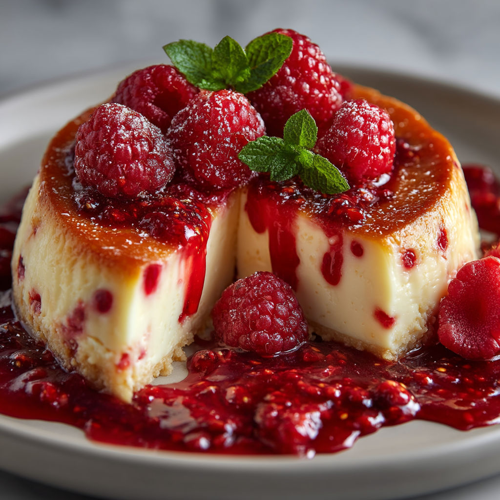 A dessert with raspberries and a mint leaf on top.