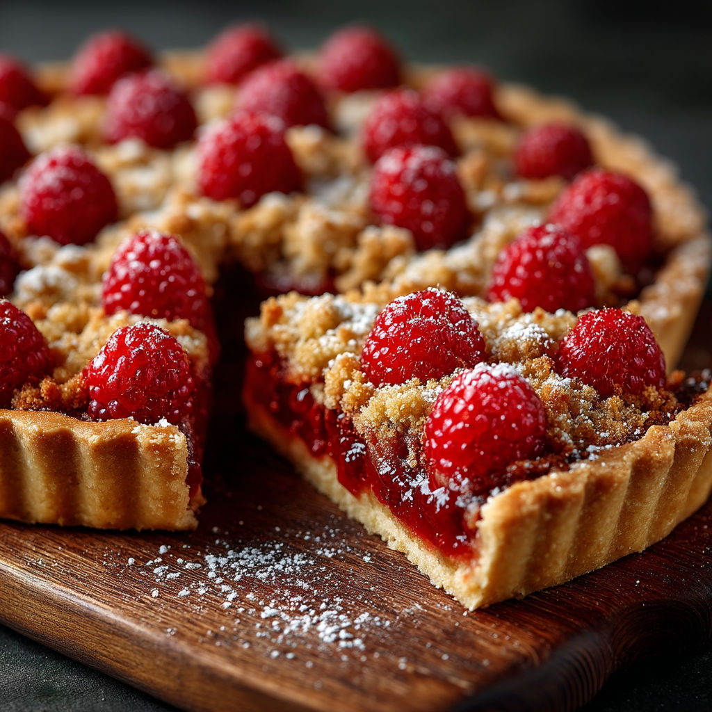 A slice of tarte crumble aux framboises.