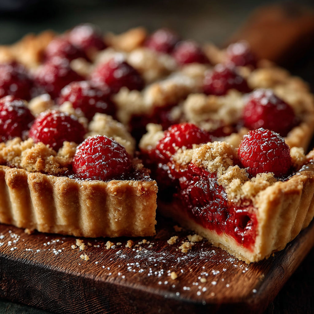 A slice of tarte crumble aux framboises.