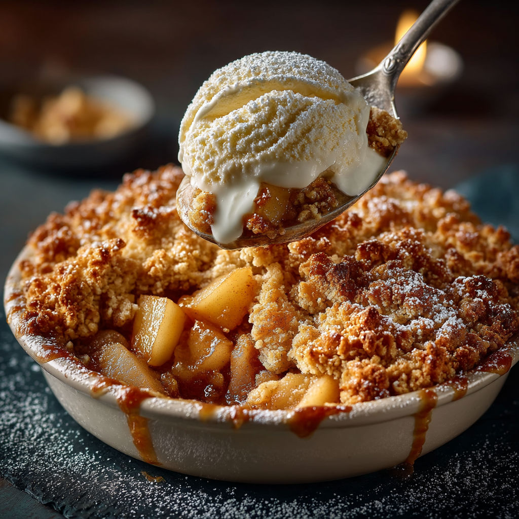A spoonful of ice cream is being scooped from a bowl of crumble pomme poire.