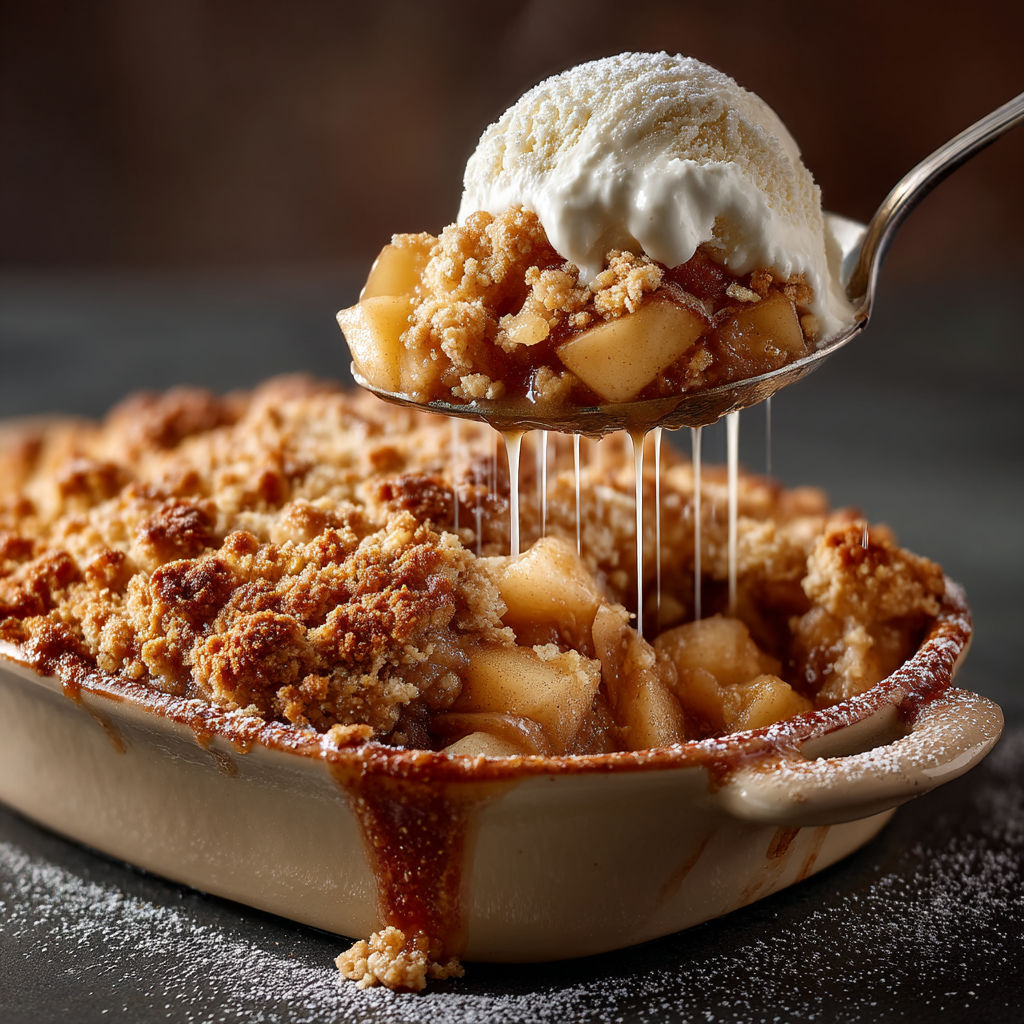 A spoonful of ice cream is being poured into a bowl of apple crumble.