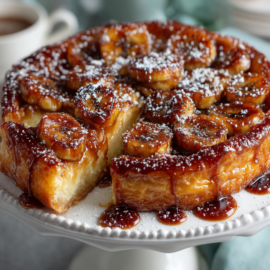 A cake with bananas and powdered sugar.