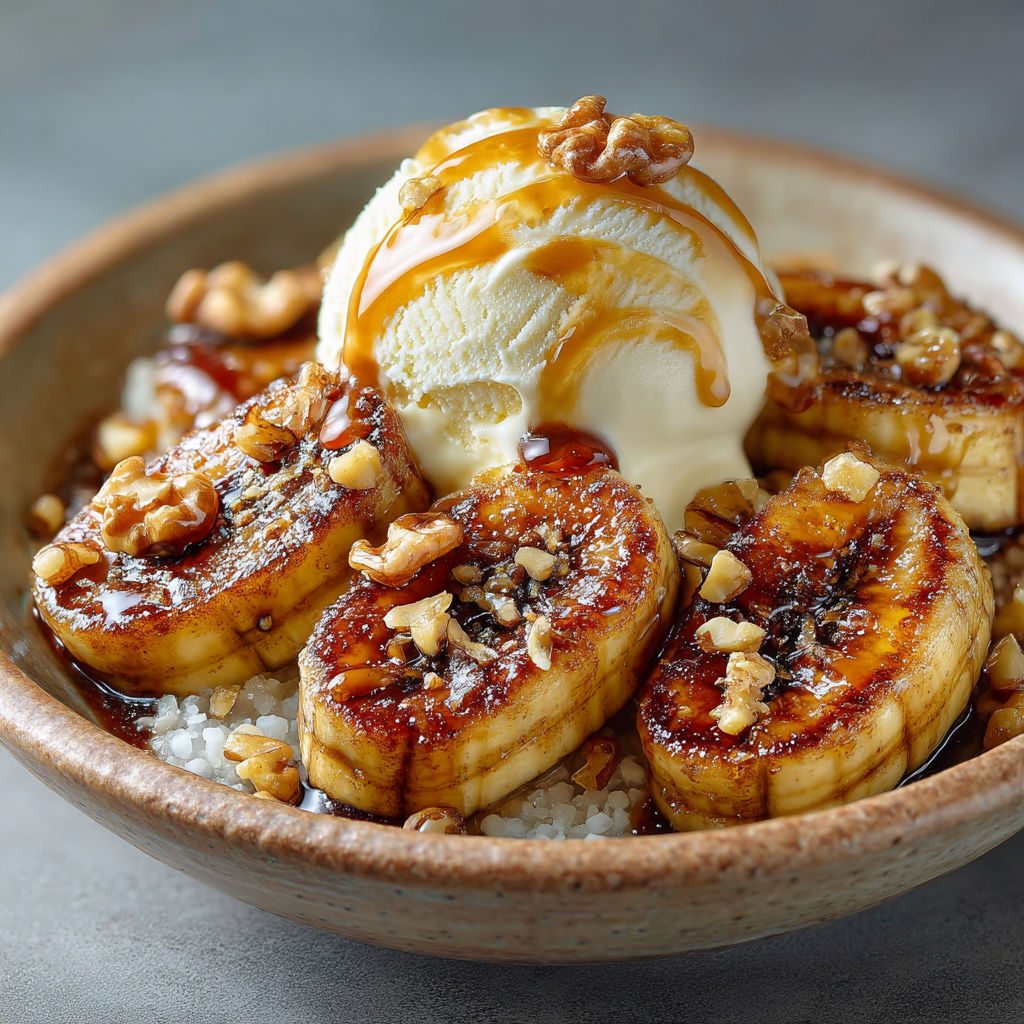 A bowl of bananas with a scoop of ice cream on top.