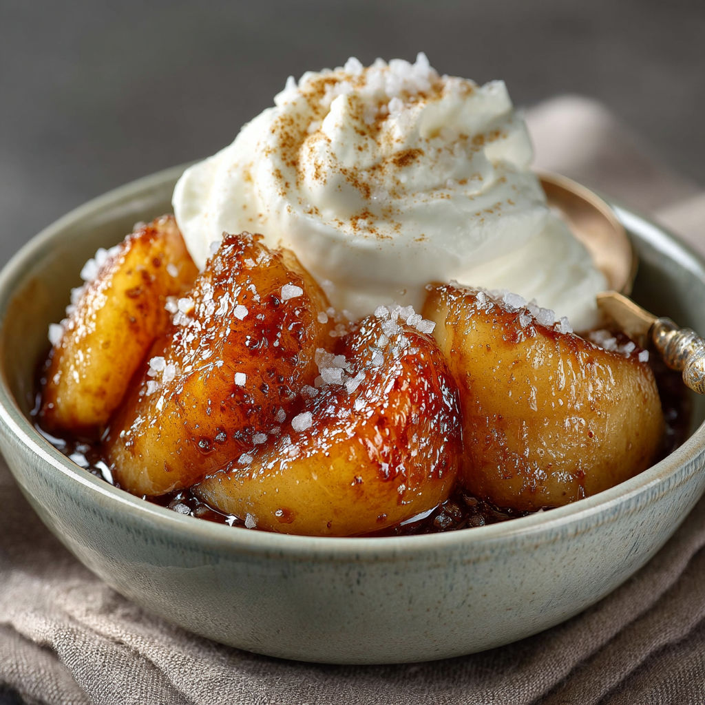 A bowl of caramelized apples and whipped cream.