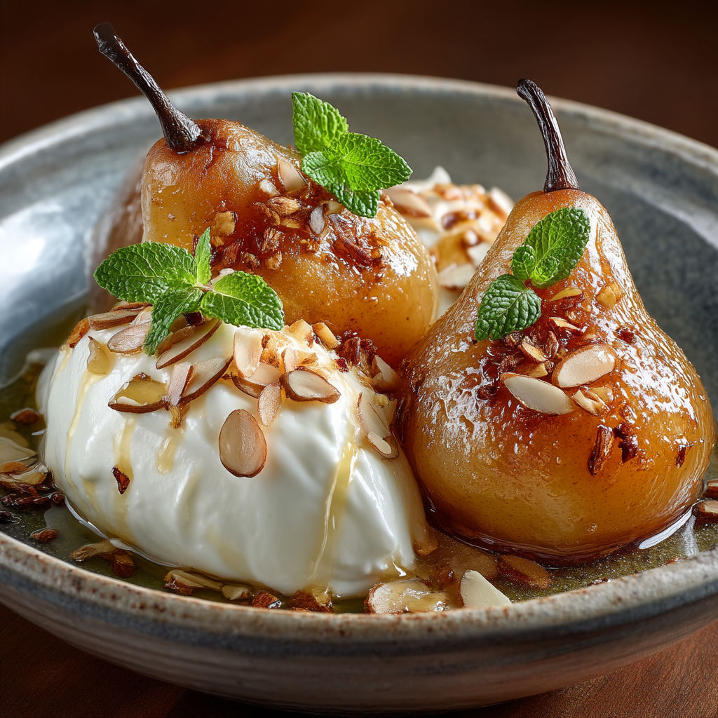 A bowl of food with a pear and a walnut.