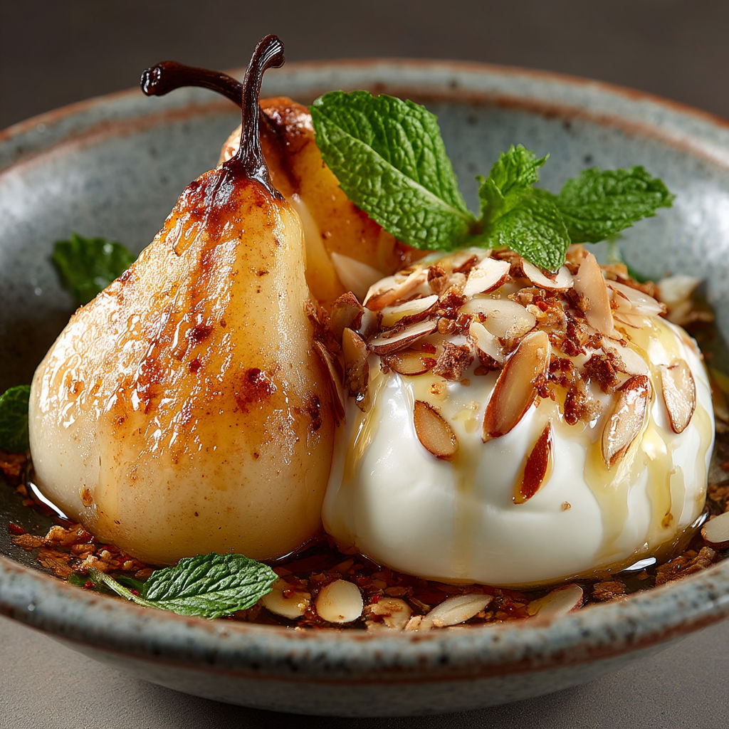 A bowl of food with a pear and a walnut.