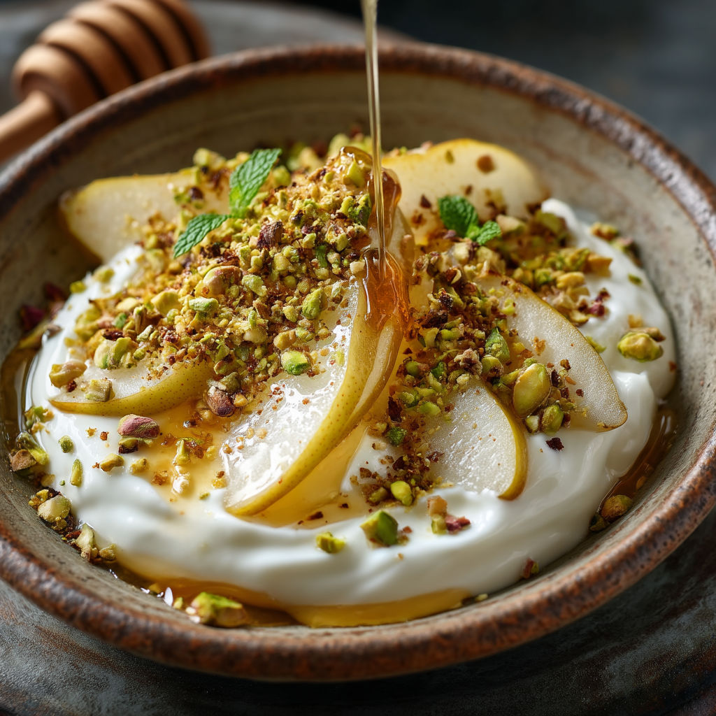 A bowl of yogurt with sliced apples and nuts on top.