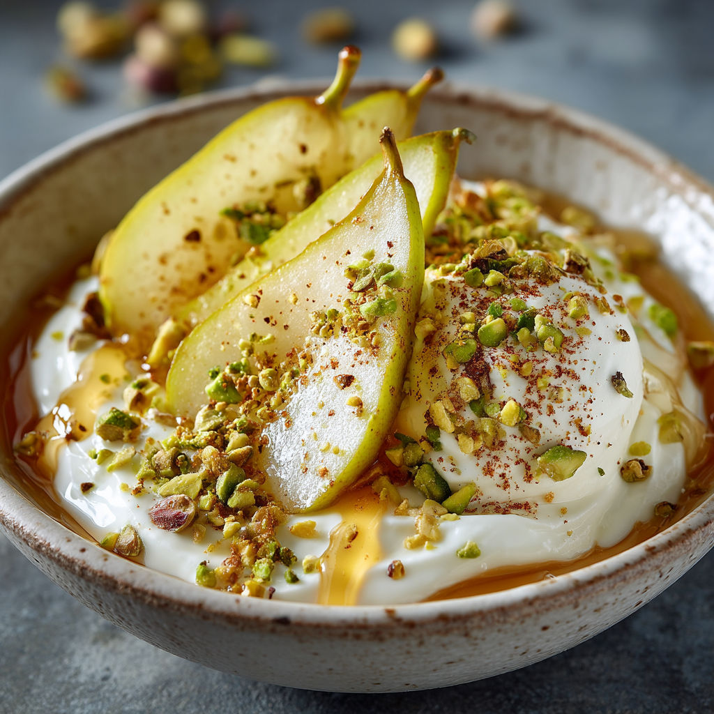 A bowl of food with a slice of apple and a slice of pear.