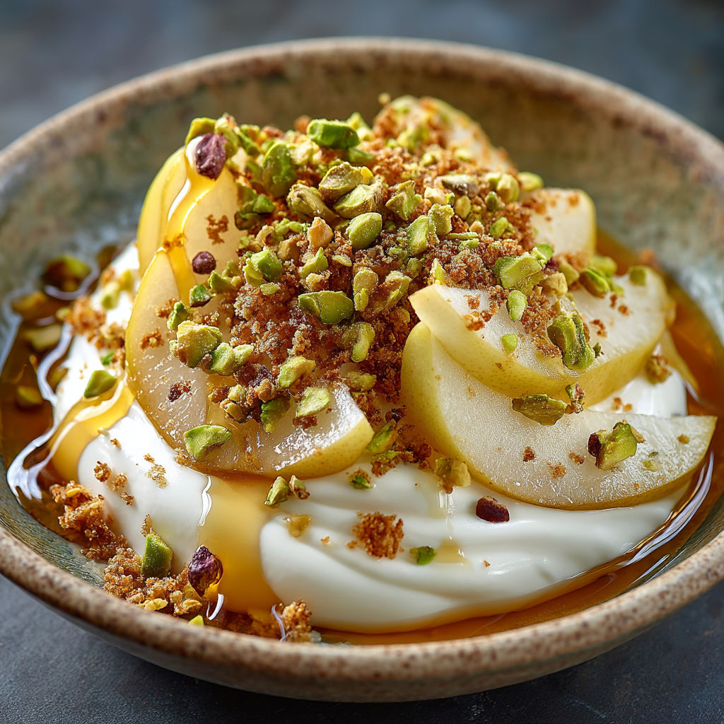 A bowl of food with a sauce and topped with nuts.