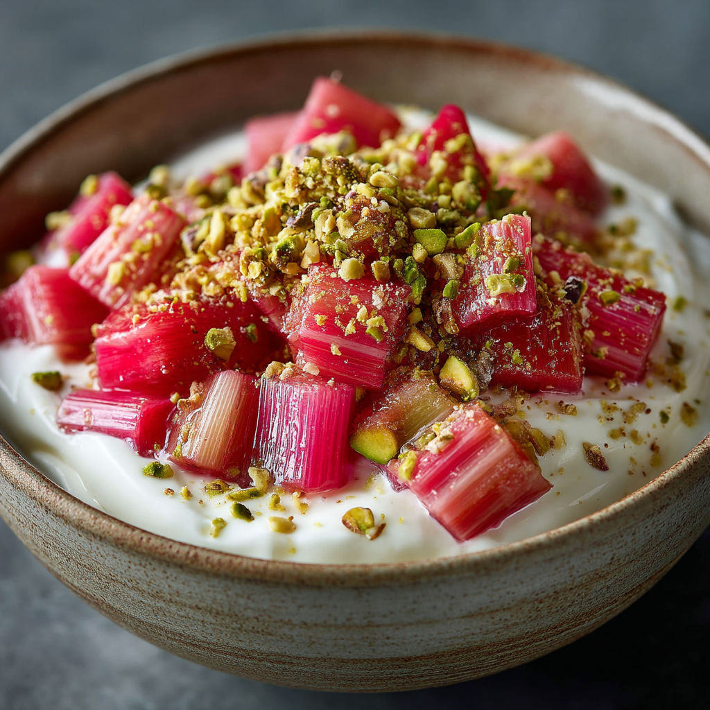 A bowl of yogurt and compote with red rhubarb.