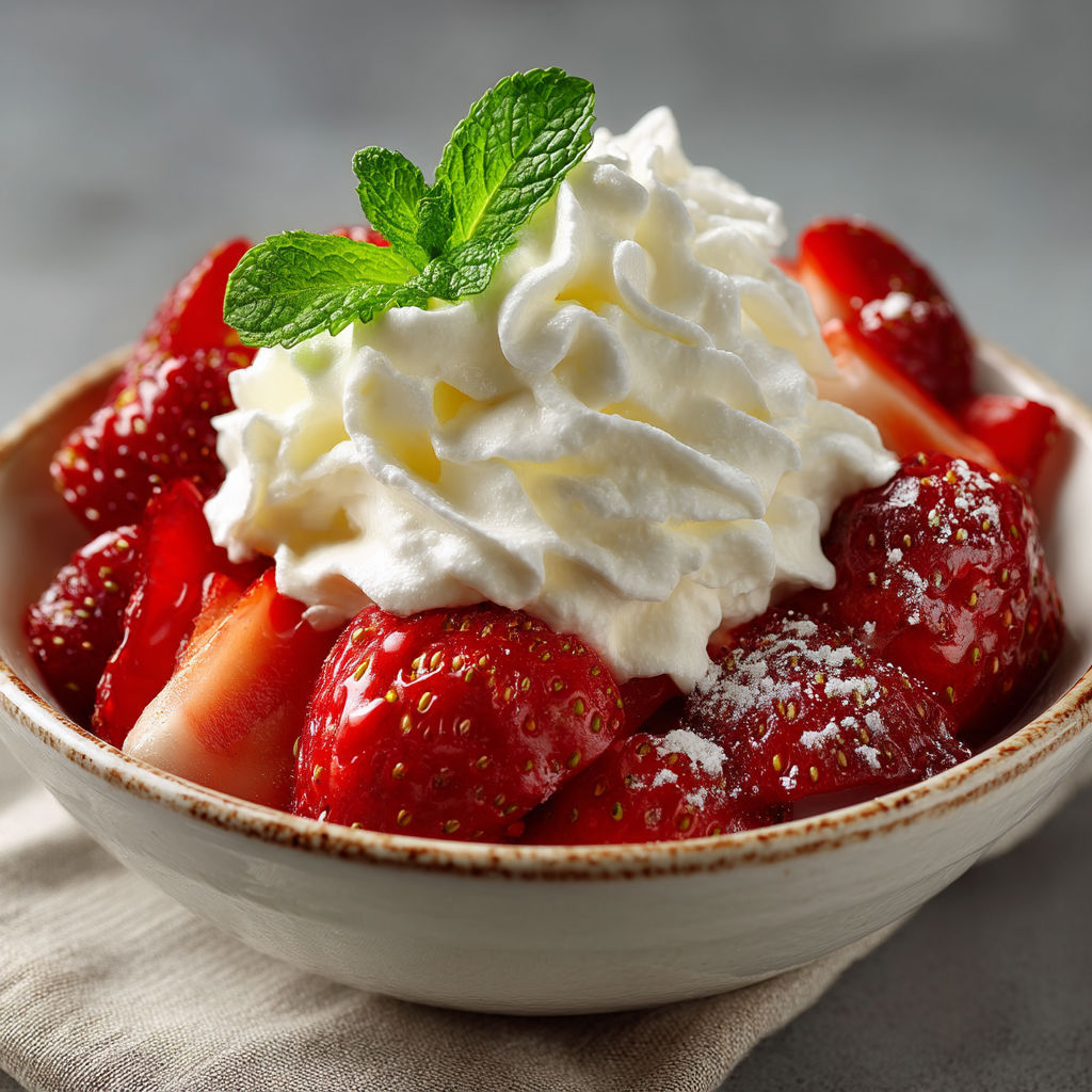 A bowl of strawberries with whipped cream.