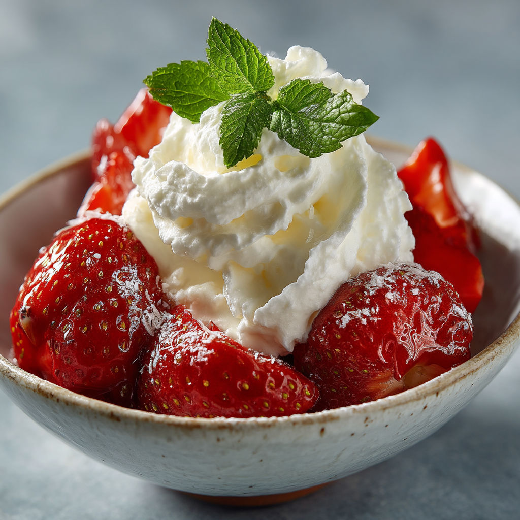 A bowl of strawberries with whipped cream.