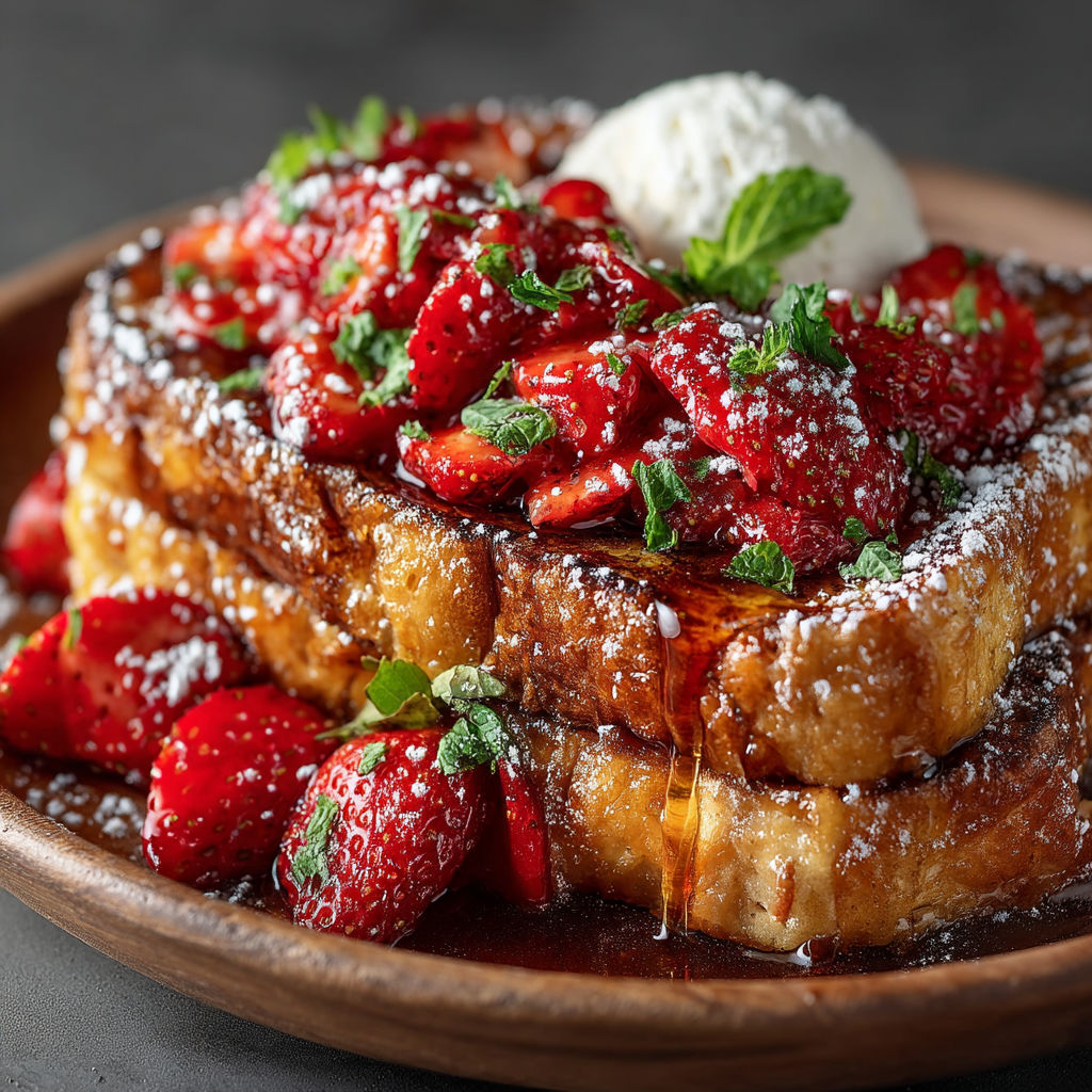 A plate of French toast with strawberries on top.