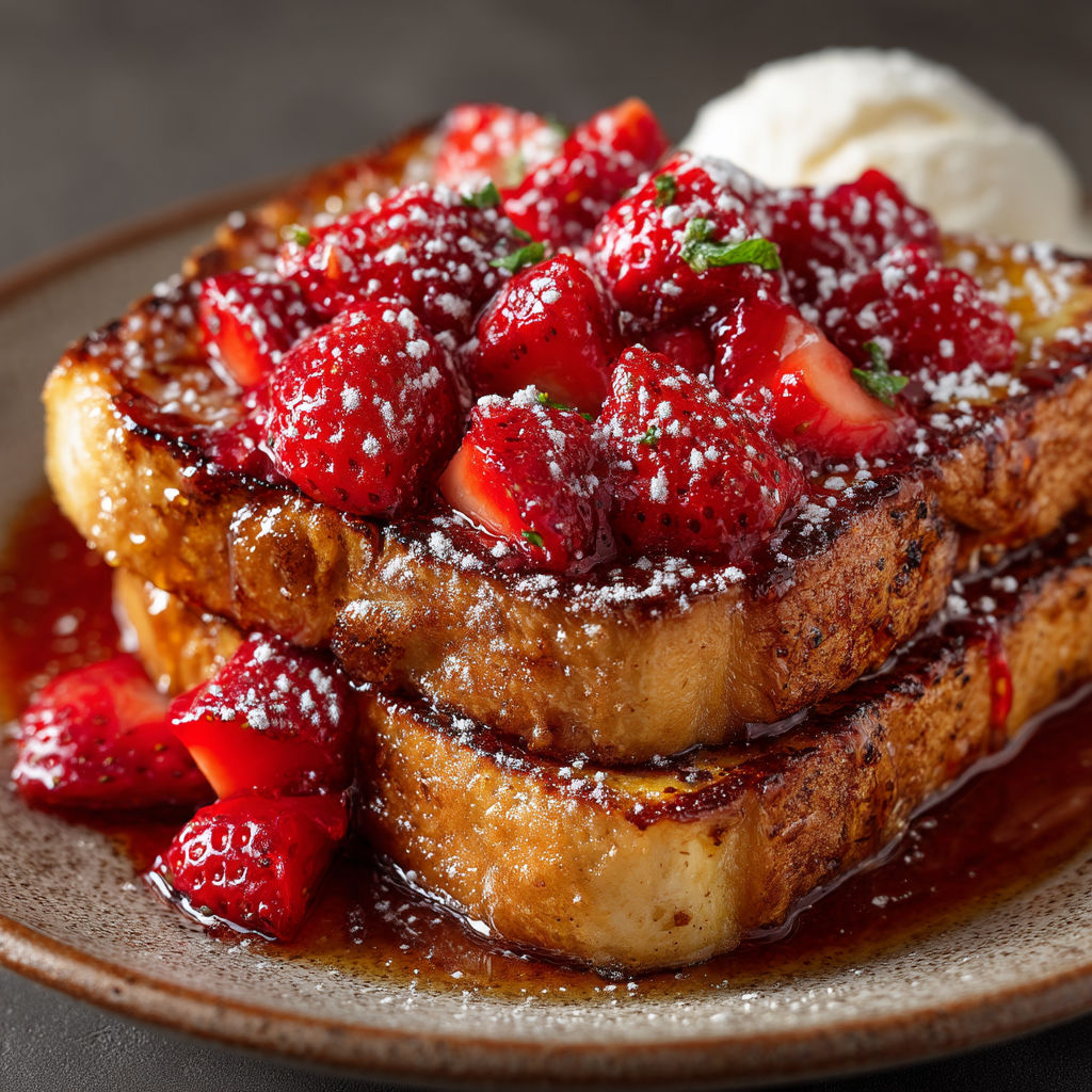 A stack of French toast with strawberries on top.