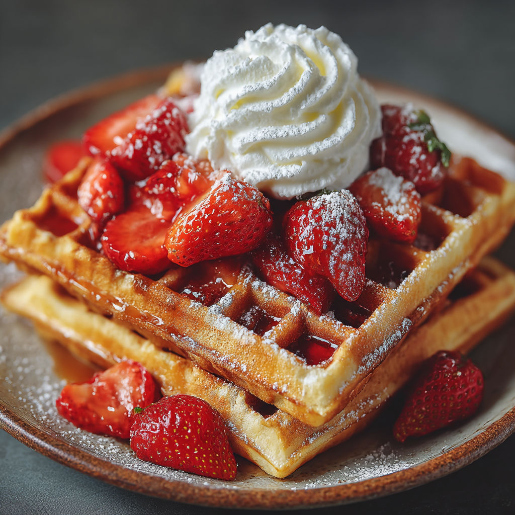 A plate of waffles with strawberries and whipped cream.