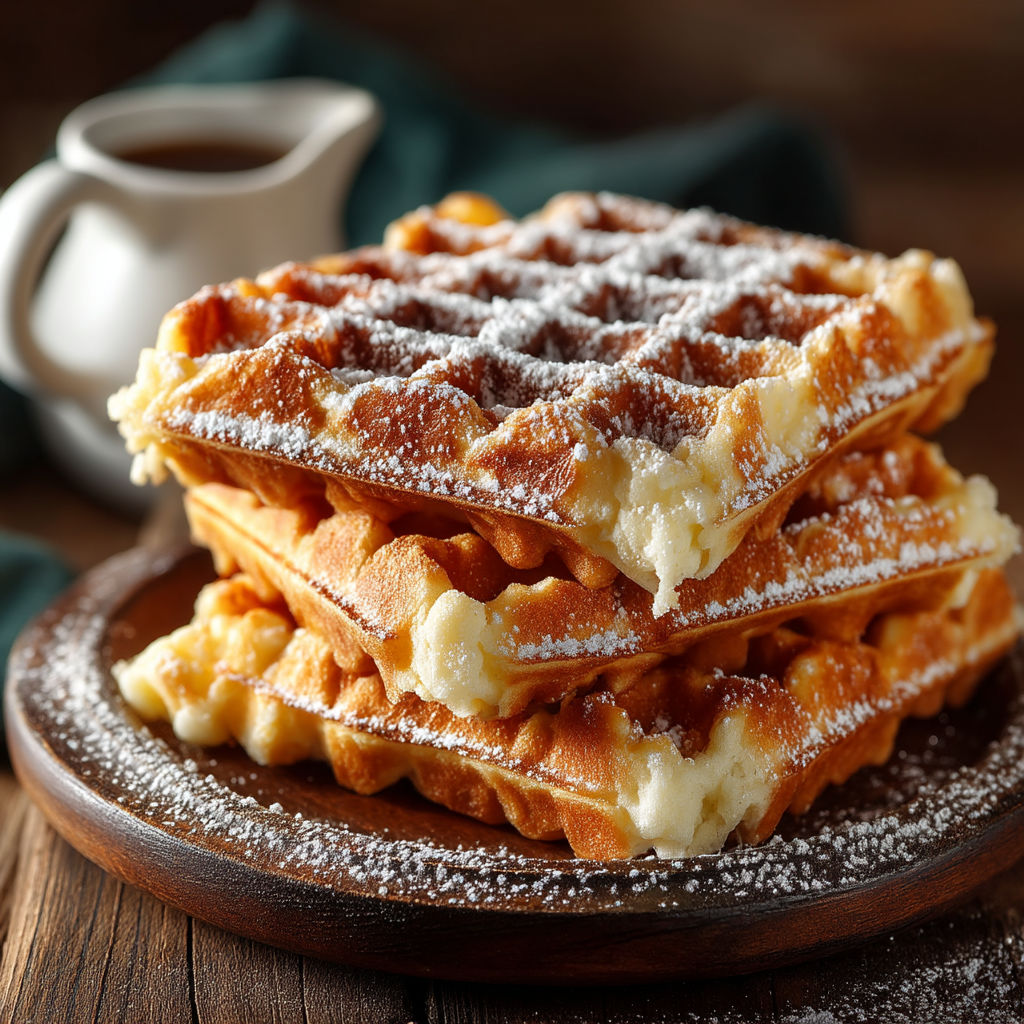 A stack of waffles with powdered sugar on top.