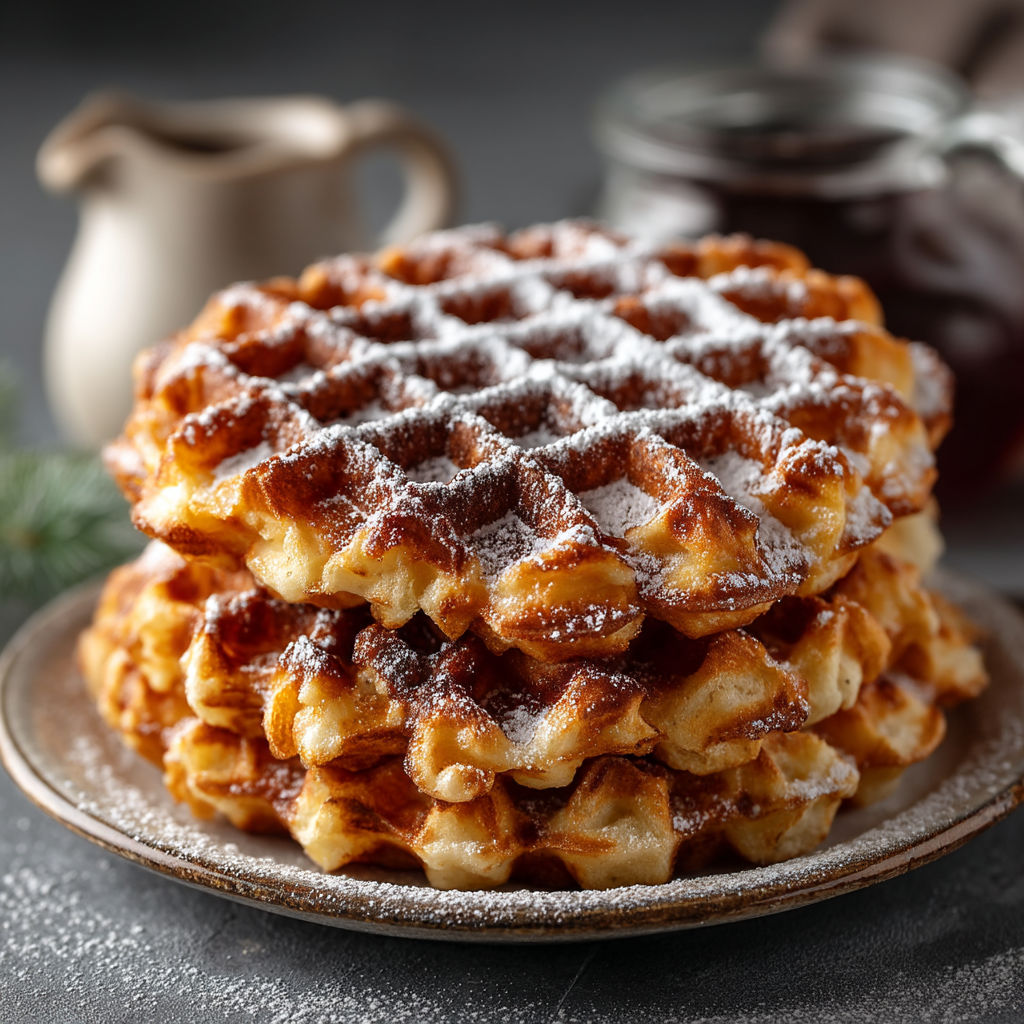 A stack of waffles with powdered sugar on top.