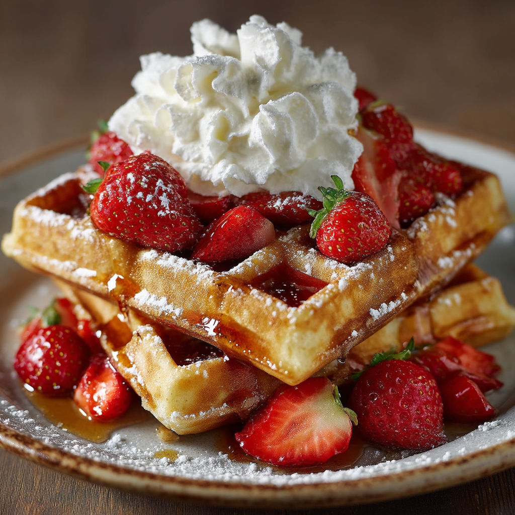 A plate of waffles with strawberries and whipped cream.