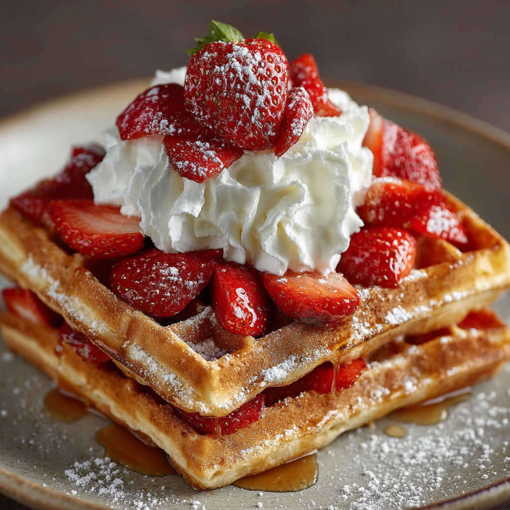 A stack of waffles with strawberries and whipped cream.