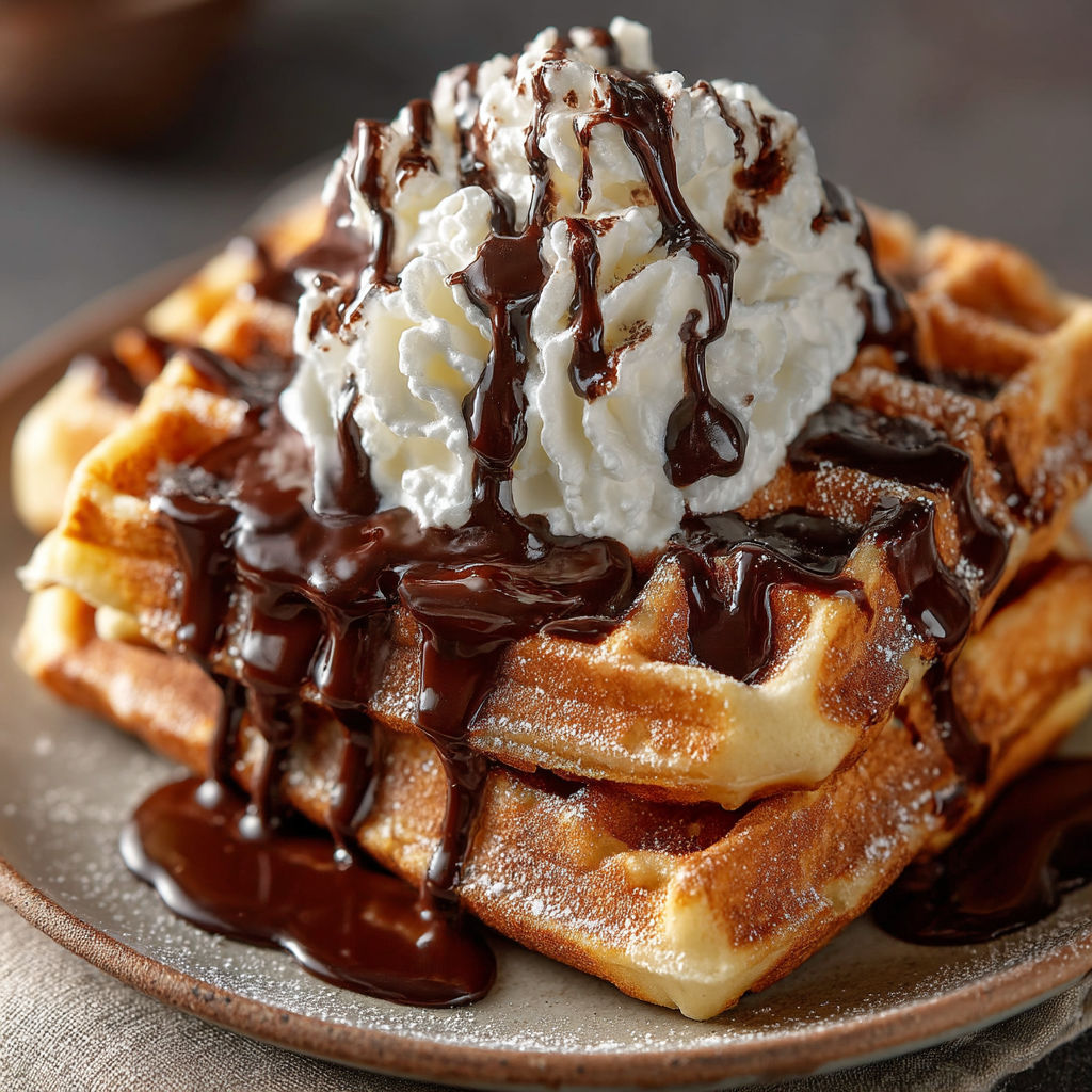 A plate of waffles with chocolate sauce.
