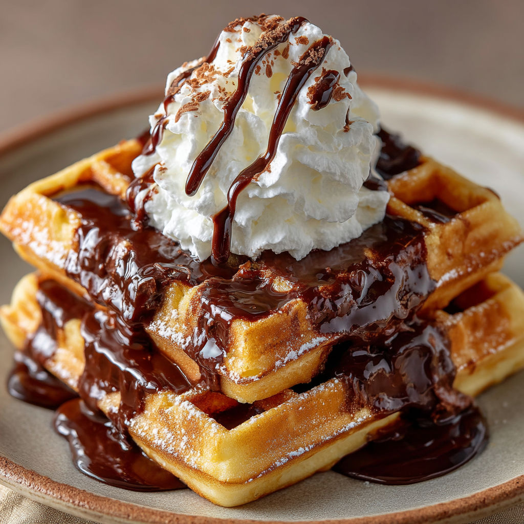A stack of waffles with chocolate sauce and whipped cream.