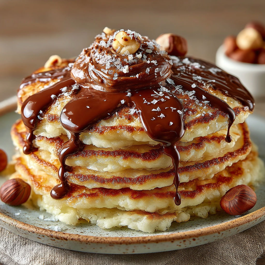 A stack of pancakes with chocolate sauce on top.