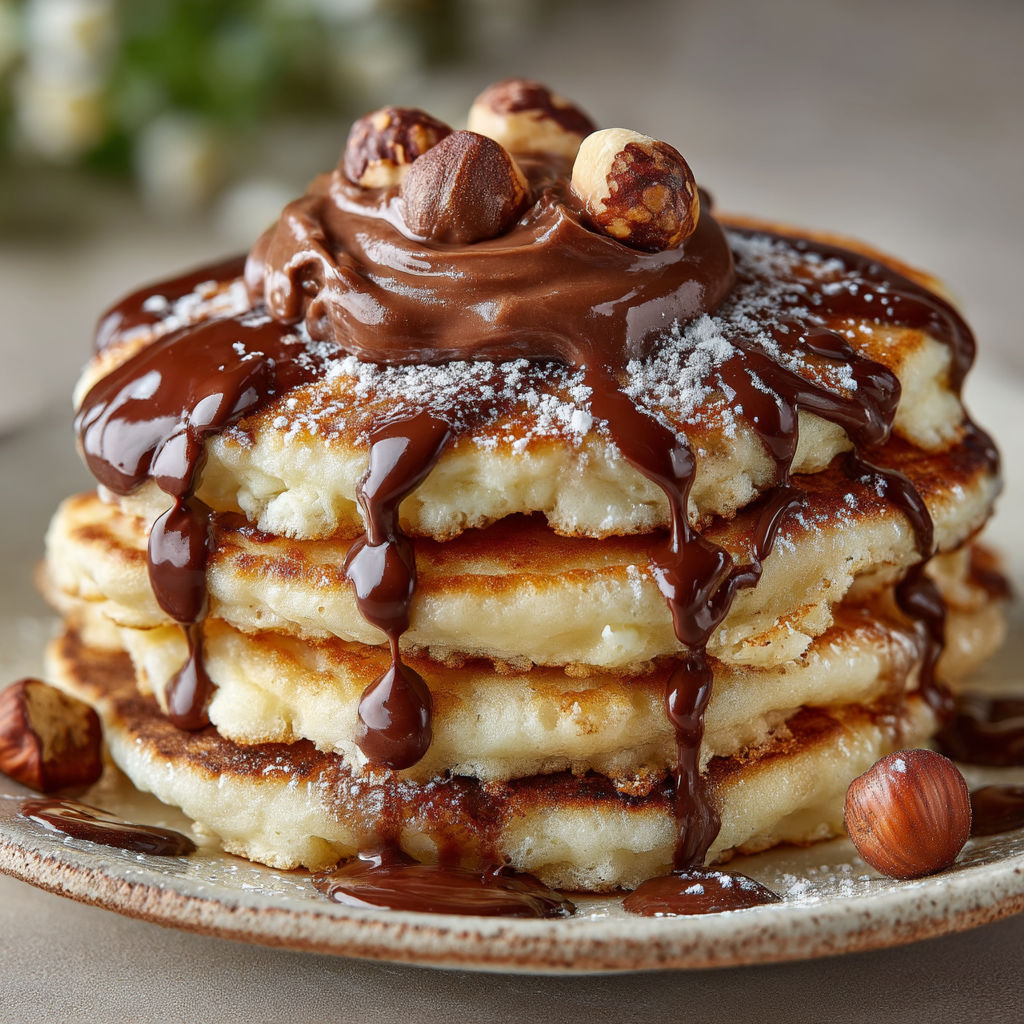 A stack of pancakes with chocolate syrup and nuts on top.