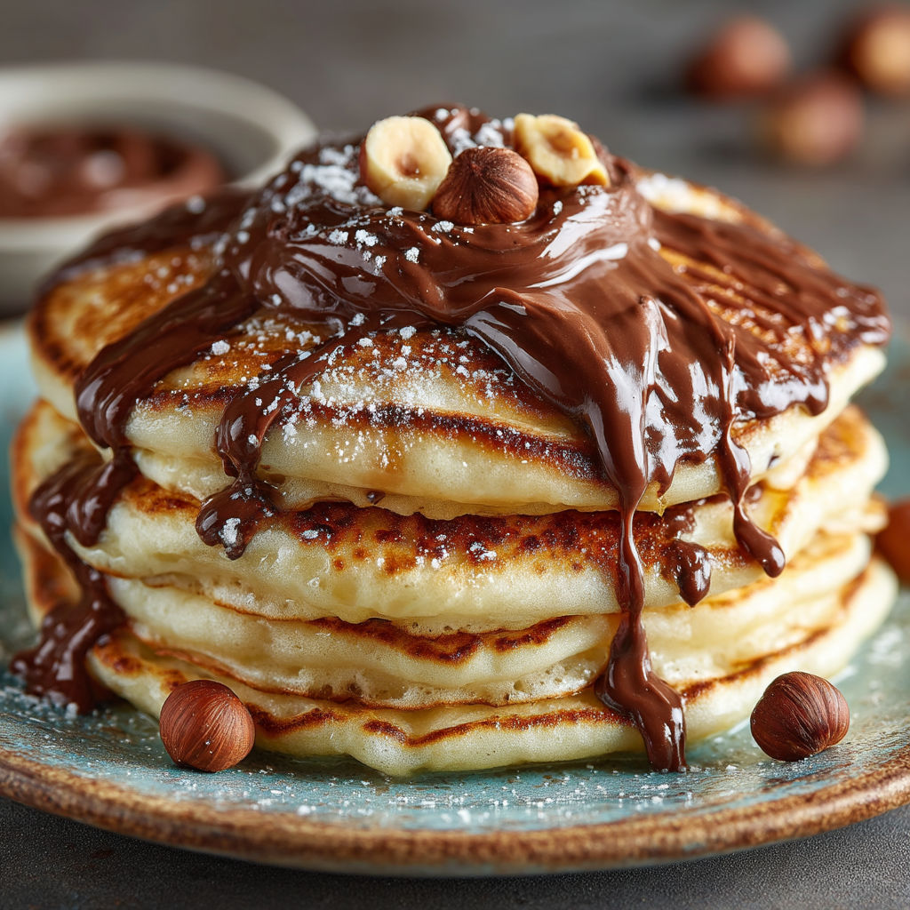 A stack of pancakes with chocolate syrup and nuts on top.