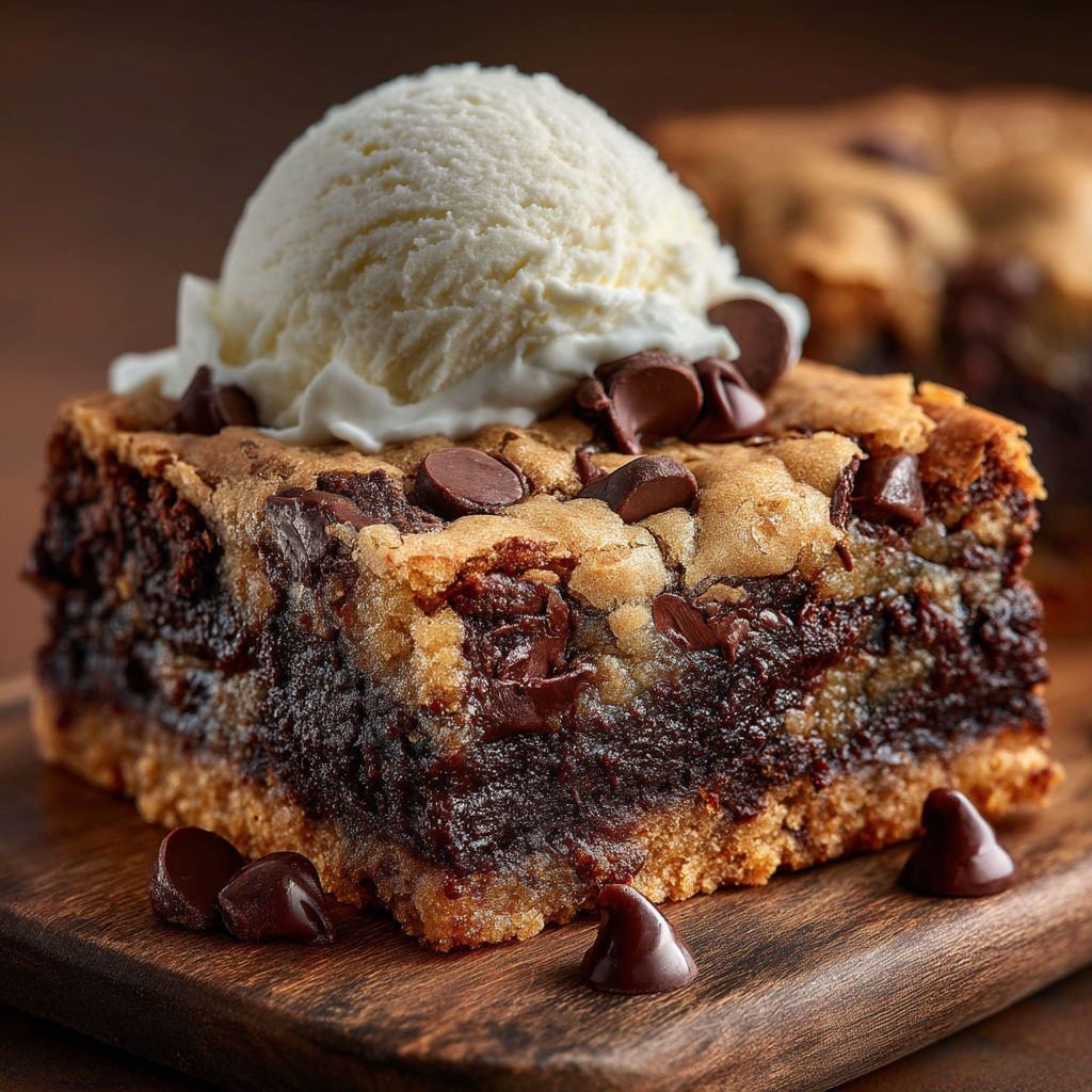 A close up of a chocolate dessert with a scoop of ice cream on top.