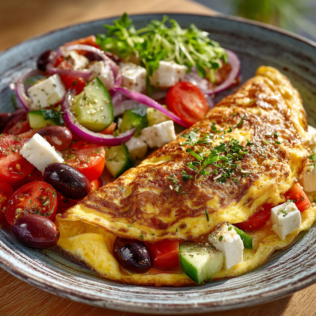 A plate of food with a fried egg, tomatoes, cucumbers, olives, and cheese.
