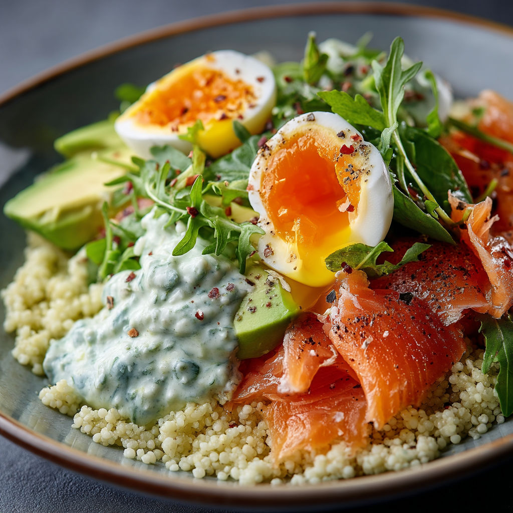 A plate of food with eggs, salad, and fish.