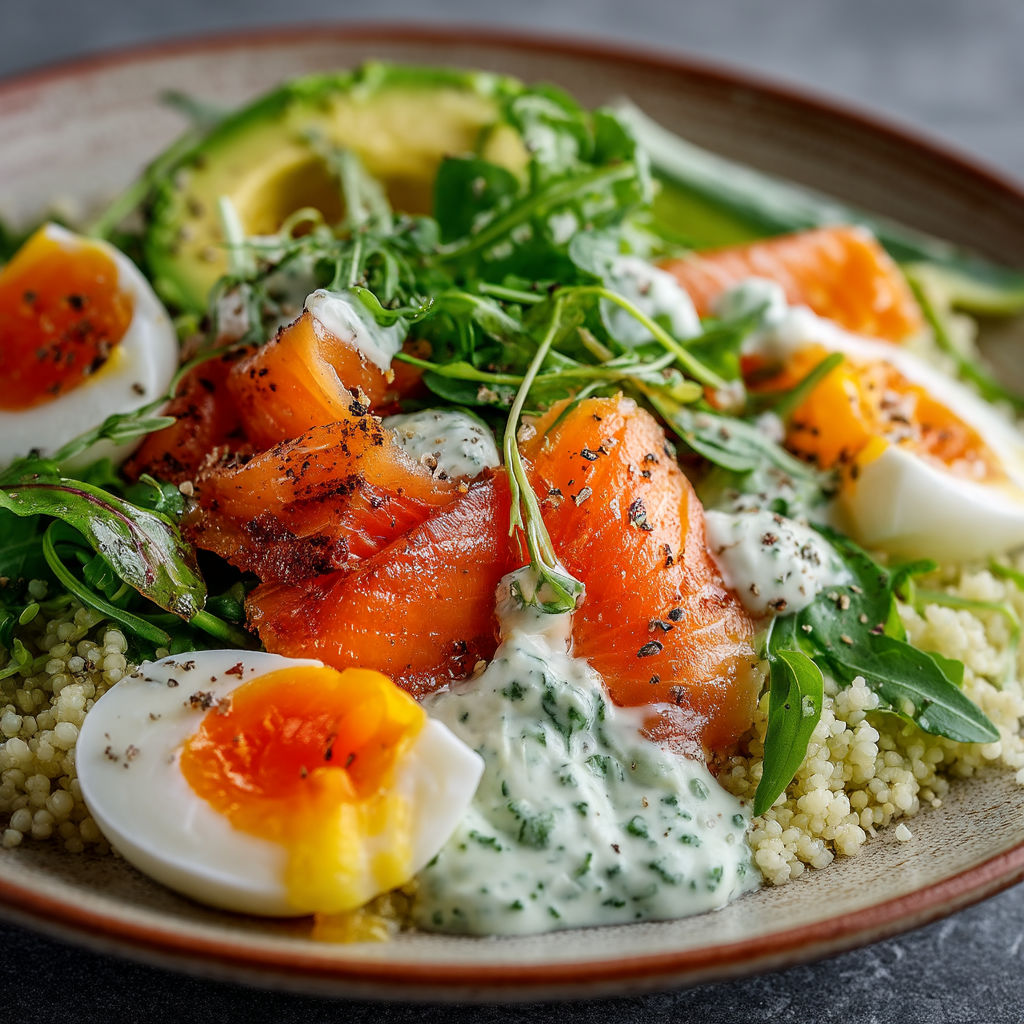 A plate of food with eggs, salad, and fish.