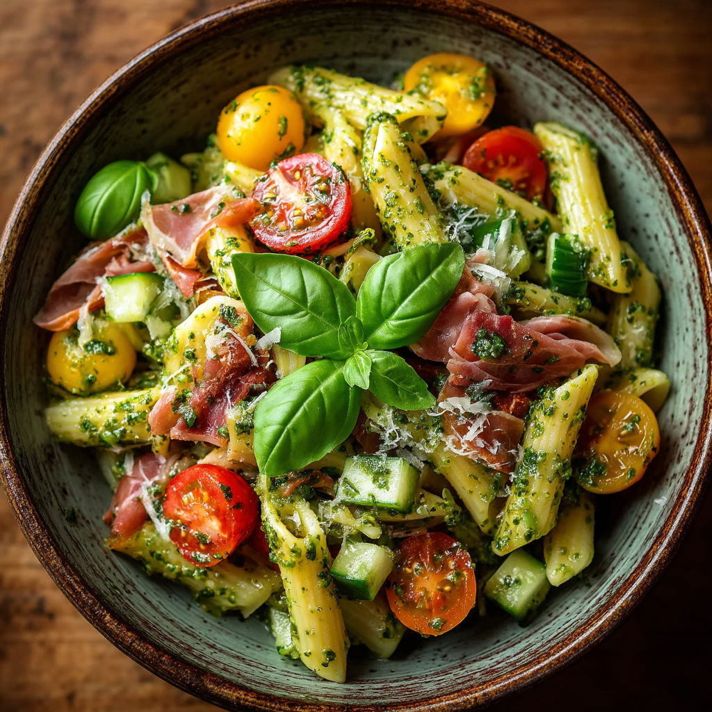 A bowl of pasta with tomatoes, basil, and ham.