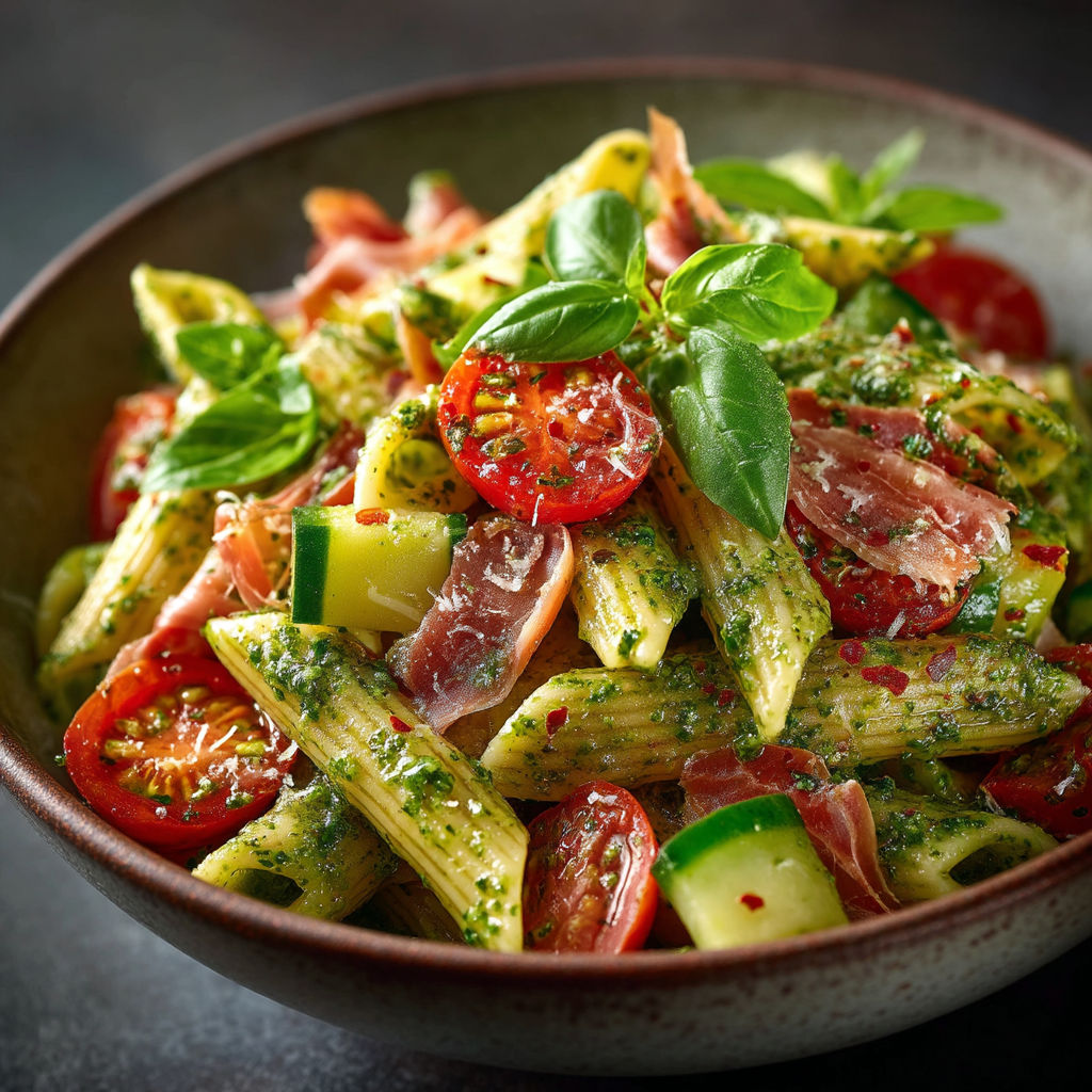 A bowl of pasta with tomatoes, basil, and ham.
